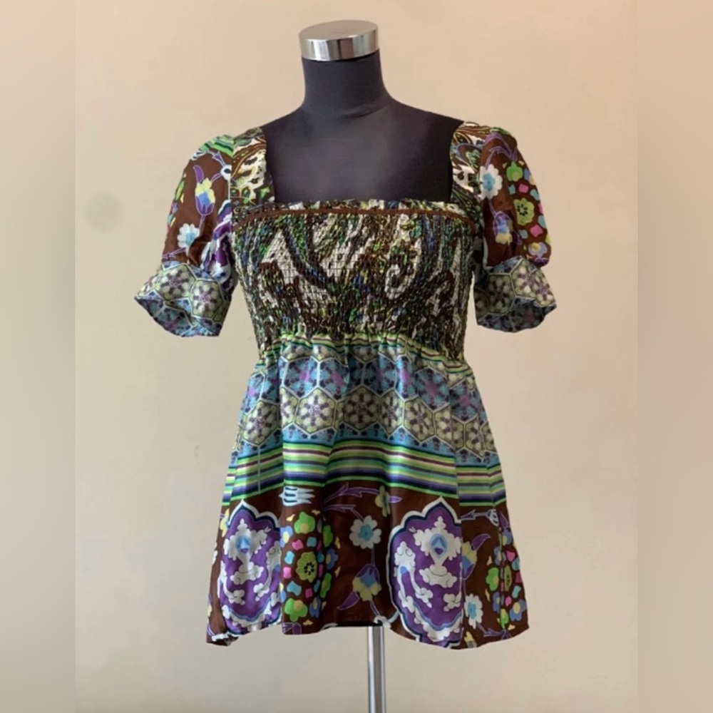 Women’s Multicolor Patterned Ballon Sleeve Floral Print Smocked Silk Blouse